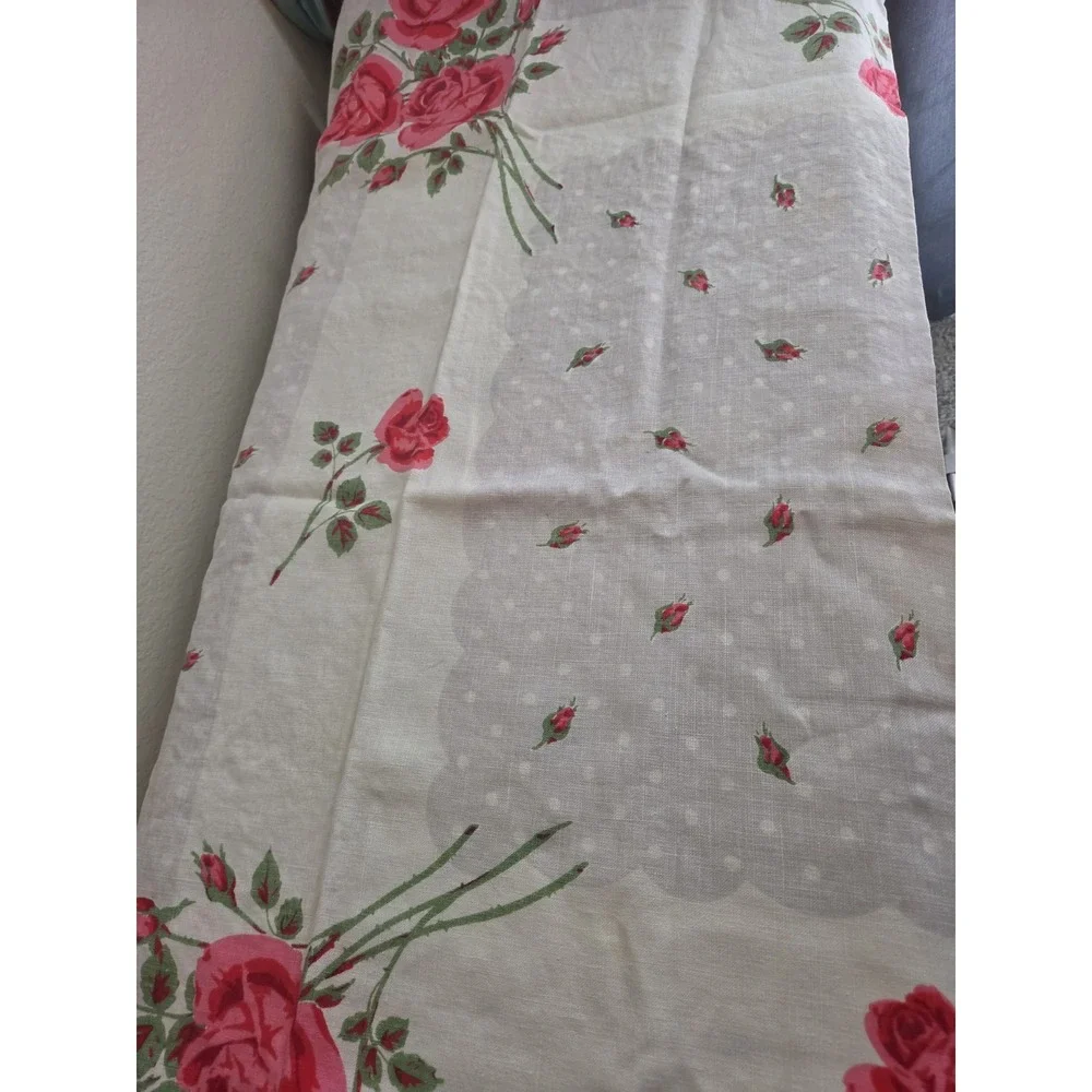 Vtg Floral Linen Tablecloth 46x46 Pink Red Cabbage Roses Polka Dot Small Stain